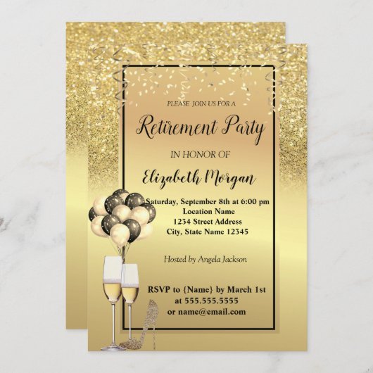 金ゴールドグリッターヒール、ガラス、バルーン退職パーティー 招待状 (正面/裏面)