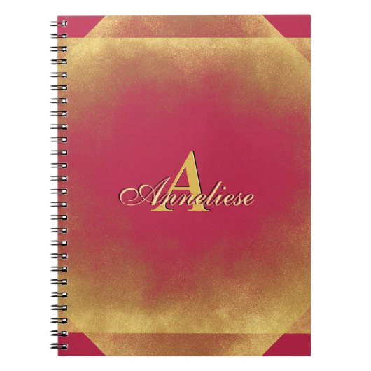 金ゴールドグリッタービバマゼンタファブ名前をカスタムするモノグラム ノートブック (正面)