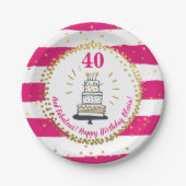 金ゴールドグリッターピストライプンクANY年齢ハッピーバースデー ペーパープレート (正面)