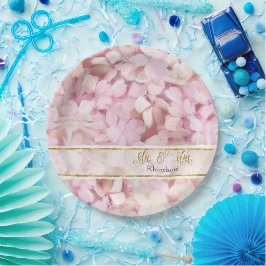 金ゴールドグリッターピンクあじさい花Mr.And Mrs. ペーパープレート (パーティー)