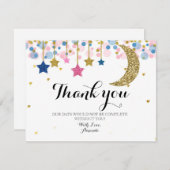 金ゴールドグリッターピンクと青の月サンキューカード サンキューカード (正面/裏面)