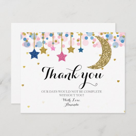 金ゴールドグリッターピンクと青の月サンキューカード サンキューカード (正面/裏面)