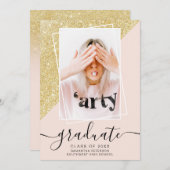 金ゴールドグリッターピンクの卒業写真の卒業 招待状 (正面/裏面)