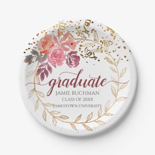 金ゴールドグリッターピンクアンドマルサラフローラグラードパーティー ペーパープレート (正面)