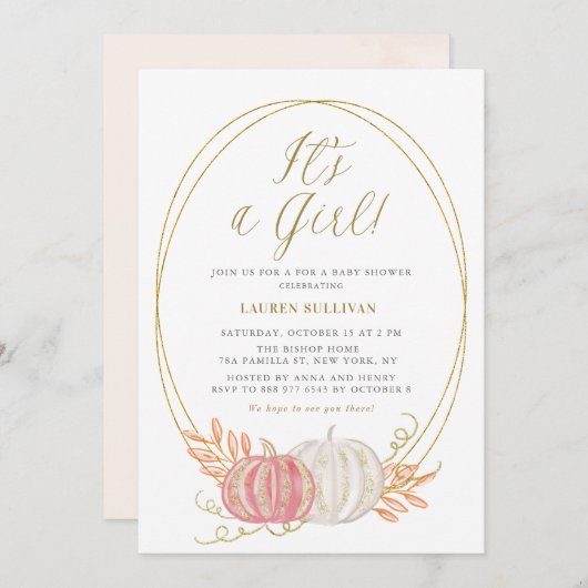 金ゴールドグリッターピンクカボチャ女の子ベビーシャワー 招待状 (正面/裏面)