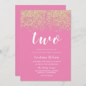 金ゴールドグリッターピンクガールズ2nd誕生日パーティー 招待状 (正面/裏面)