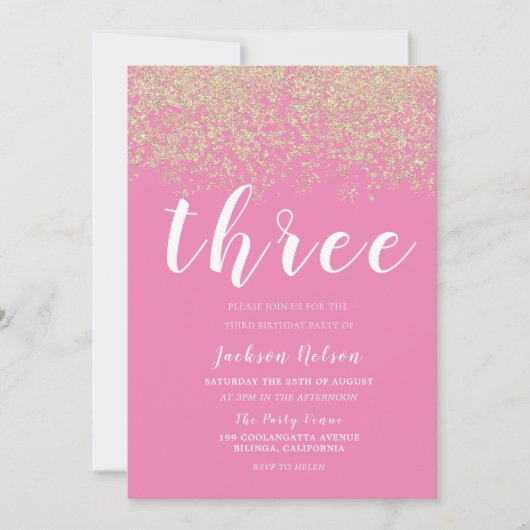 金ゴールドグリッターピンクガールズ3rd誕生日パーティー 招待状 (正面)