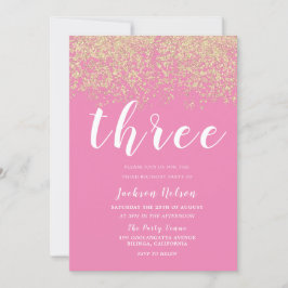 金ゴールドグリッターピンクガールズ3rd誕生日パーティー 招待状