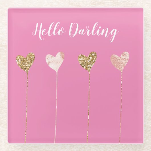 金ゴールドグリッターピンクグラムハート列 ガラスコースター (正面)