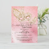金ゴールドグリッターピンクシルクマスカレード誕生日 招待状 (スタンド正面)