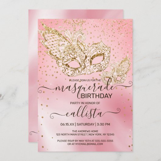 金ゴールドグリッターピンクシルクマスカレード誕生日 招待状 (正面/裏面)
