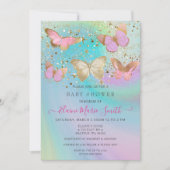 金ゴールドグリッターピンクパープル蝶ベビーシャワー 招待状 (正面)