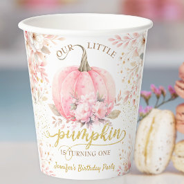 金ゴールドグリッターピンクフローラガールパンプキン1st誕生日 紙コップ
