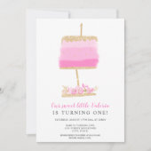 金ゴールドグリッターピンクフローラケーキ1歳の誕生日 招待状 (正面)