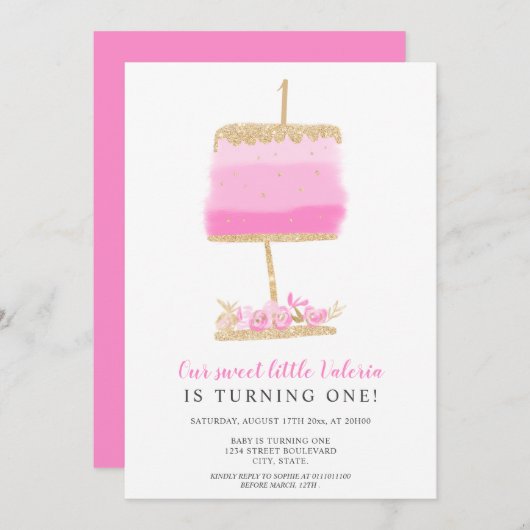 金ゴールドグリッターピンクフローラケーキ1歳の誕生日 招待状 (正面/裏面)