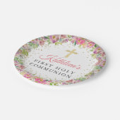 金ゴールドグリッターピンクフローラファーストホーリーコミュニオン ペーパープレート (アングル)