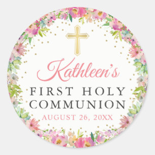 金ゴールドグリッターピンクフローラファーストホーリーコミュニオン ラウンドシール