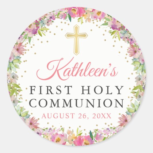 金ゴールドグリッターピンクフローラファーストホーリーコミュニオン ラウンドシール (正面)