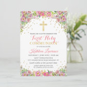 金ゴールドグリッターピンクフローラファーストホーリーコミュニオン 招待状 (スタンド正面)