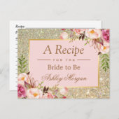 金ゴールドグリッターピンクフローラブライダルシャワーレシピカード ポストカード (正面/裏面)