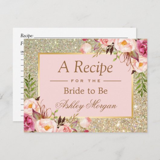 金ゴールドグリッターピンクフローラブライダルシャワーレシピカード ポストカード (正面/裏面)
