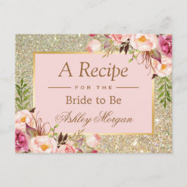 金ゴールドグリッターピンクフローラブライダルシャワーレシピカード ポストカード