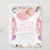 金ゴールドグリッターピンクフローラベアーガールベビーシャワー 招待状 (正面)
