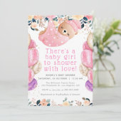 金ゴールドグリッターピンクフローラベアーガールベビーシャワー 招待状 (スタンド正面)