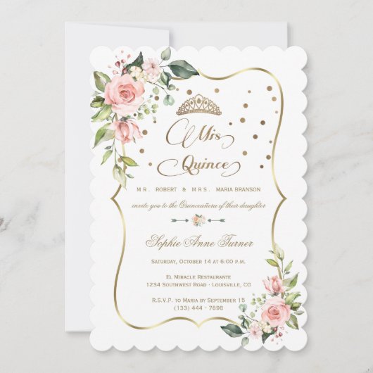 金ゴールドグリッターピンクフローラミクリンスキンセアニラ 招待状 (正面)