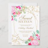 金ゴールドグリッターピンクフローラ水の色Sweet 16 招待状 (正面)