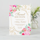 金ゴールドグリッターピンクフローラ水の色Sweet 16 招待状 (スタンド正面)