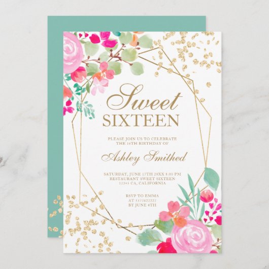 金ゴールドグリッターピンクフローラ水の色Sweet 16 招待状 (正面/裏面)