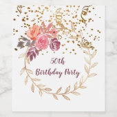 金ゴールドグリッターピンクフローラ50th誕生日パーティー ワインラベル (シングルラベル)