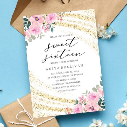 金ゴールドグリッターピンクフローラSweet sixteen16誕生日 招待状