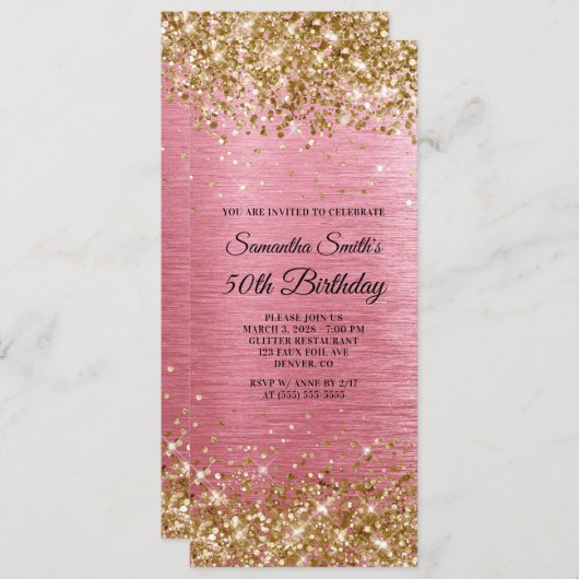 金ゴールドグリッターピンクブラシ付きフォイル50誕生日 招待状 (正面/裏面)