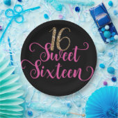 金ゴールドグリッターピンクブラックスウィート16誕生日パーティー ペーパープレート (パーティー)