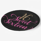 金ゴールドグリッターピンクブラックスウィート16誕生日パーティー ペーパープレート (アングル)