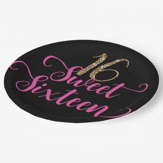 金ゴールドグリッターピンクブラックスウィート16誕生日パーティー ペーパープレート (アングル)