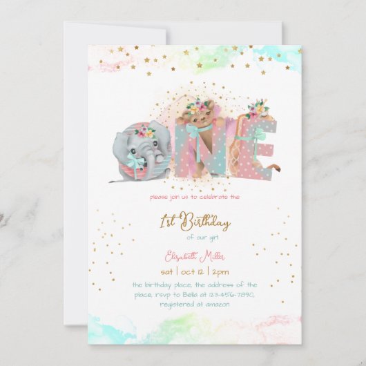 金ゴールドグリッターピンクブルーベビーガールファースト誕生日 招待状 (正面)