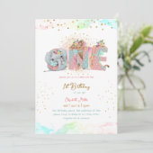 金ゴールドグリッターピンクブルーベビーガールファースト誕生日 招待状 (スタンド正面)