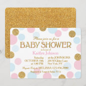 金ゴールドグリッターピンクベビーブルードットベビーシャワー 招待状 (正面/裏面)
