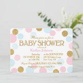 金ゴールドグリッターピンクベビーブルードットベビーシャワー 招待状 (スタンド正面)