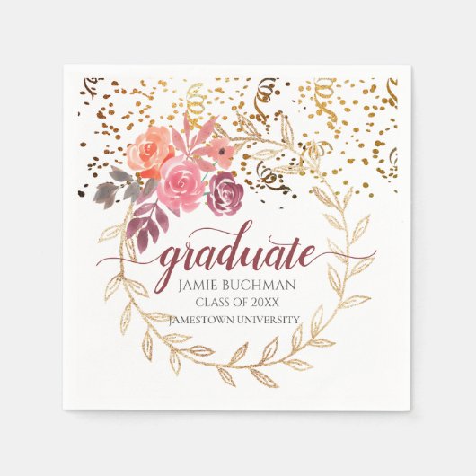 金ゴールドグリッターピンクマルサラフローラ卒業パーティー スタンダードカクテルナプキン (正面)