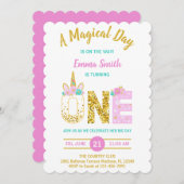 金ゴールドグリッターピンクユニコーン第1誕生日招待状 招待状 (正面/裏面)