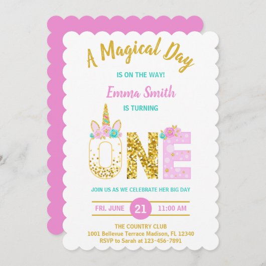 金ゴールドグリッターピンクユニコーン第1誕生日招待状 招待状 (正面/裏面)