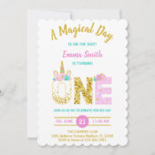 金ゴールドグリッターピンクユニコーン第1誕生日招待状 招待状 (正面)