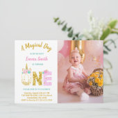 金ゴールドグリッターピンクユニコーン1stバースデーフォト 招待状 (スタンド正面)