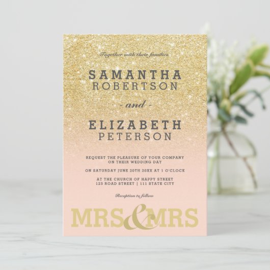 金ゴールドグリッターピンクレズビアングラデーション結婚式招待状 招待状 (スタンド正面)