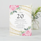 金ゴールドグリッターピンクローズ20誕生日 招待状 (スタンド正面)