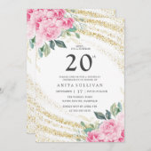 金ゴールドグリッターピンクローズ20誕生日 招待状 (正面/裏面)
